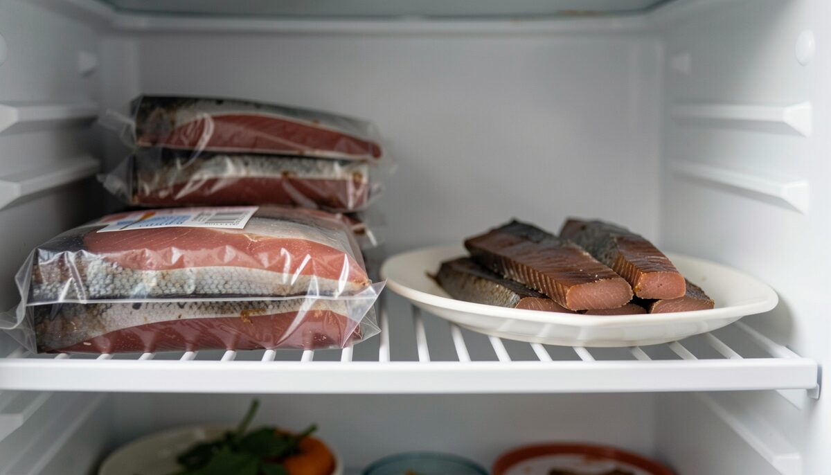 Documentary photo of a refrigerator shelf with wrapped smoked fish packages and a serving plate, no text.