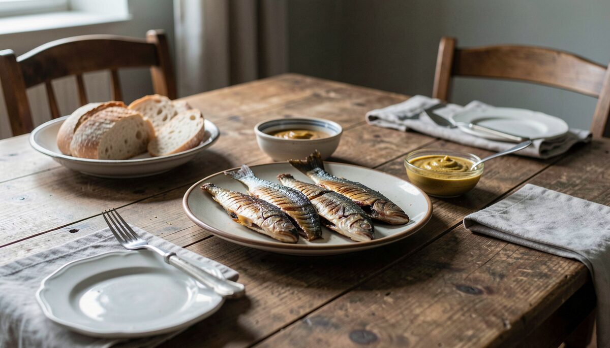 Documentary photo of a rustic Flemish table set with smoked fish, bread, and mustard sauce, no people, no text.