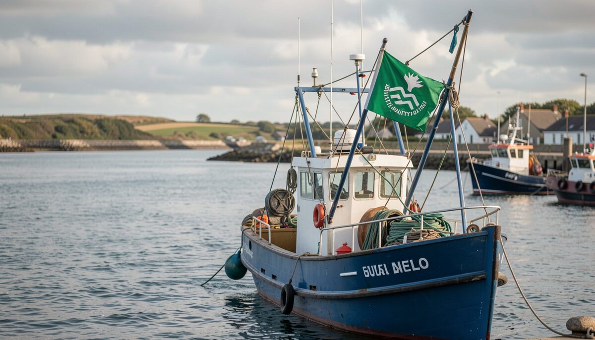 Documentary photo of a fishing boat with a sustainability certification flag at the harbour, no text.