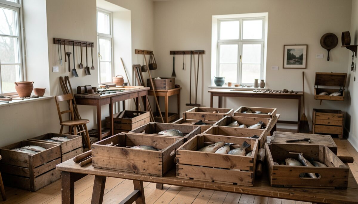 Documentary photo of a heritage exhibition room with old wooden fish crates and tools, natural light, no people, no text.