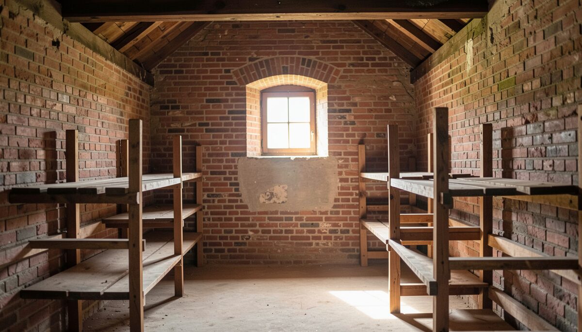 Documentary photo of an old brick smokehouse interior in Bruges with wooden racks, sunlight through a small window, no people, no text.