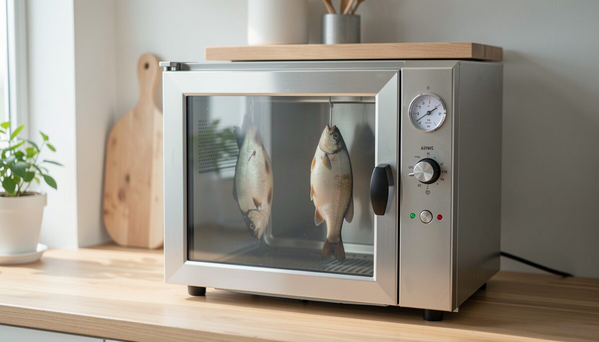 Documentary photo of a stainless steel smoking cabinet with temperature gauge, fish hanging inside, no people, no text.