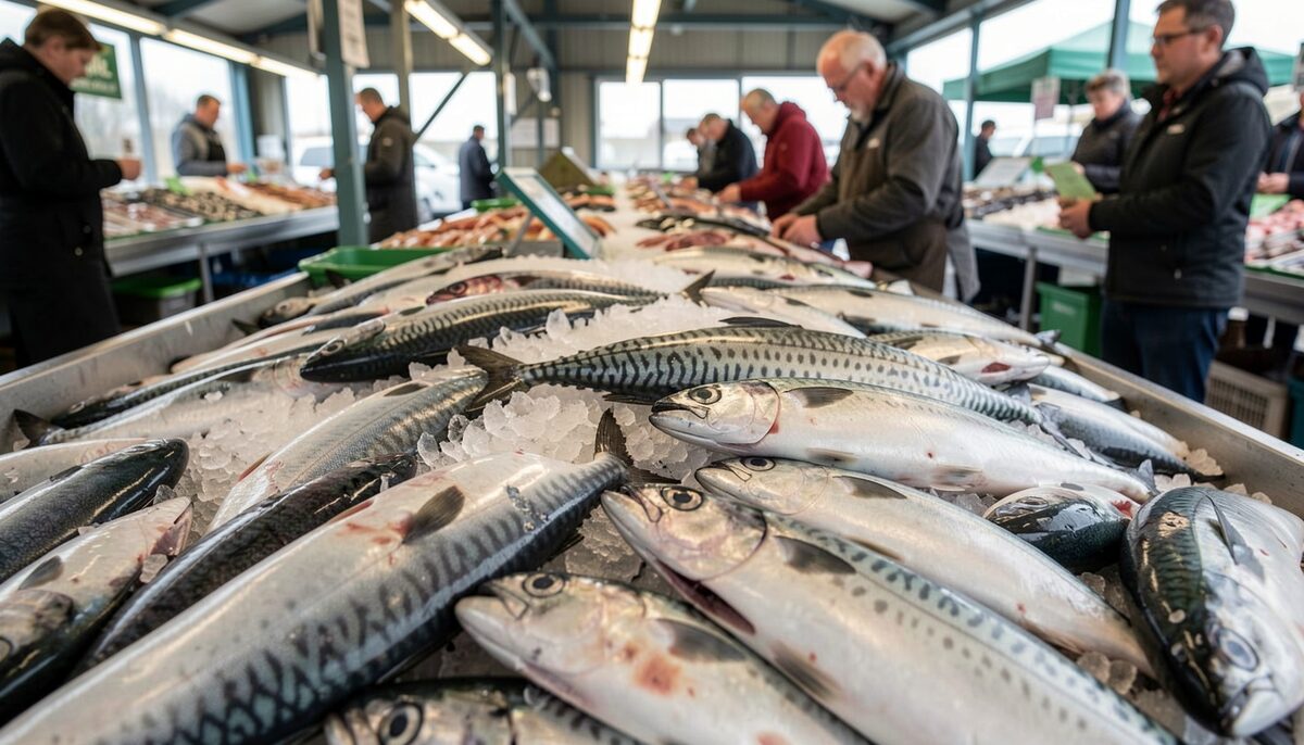 Documentary photo of fresh North Sea fish like herring and mackerel on ice at a fish market, no text.