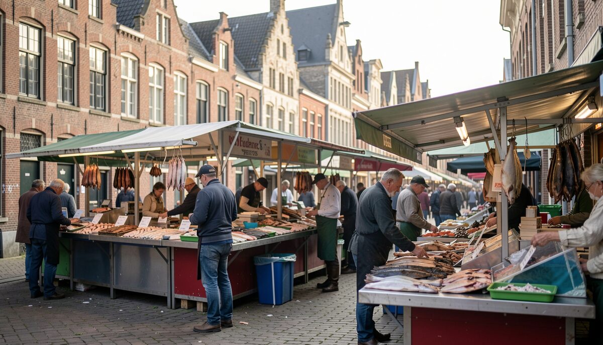 Documentary photo of a Bruges fish market with smoked fish stalls and historic buildings in the background, no text.