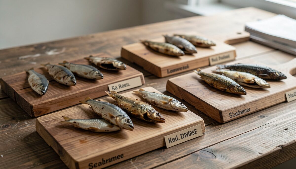 Documentary photo of several small smoked fish samples on wooden boards, labeled by region, no people, no text.