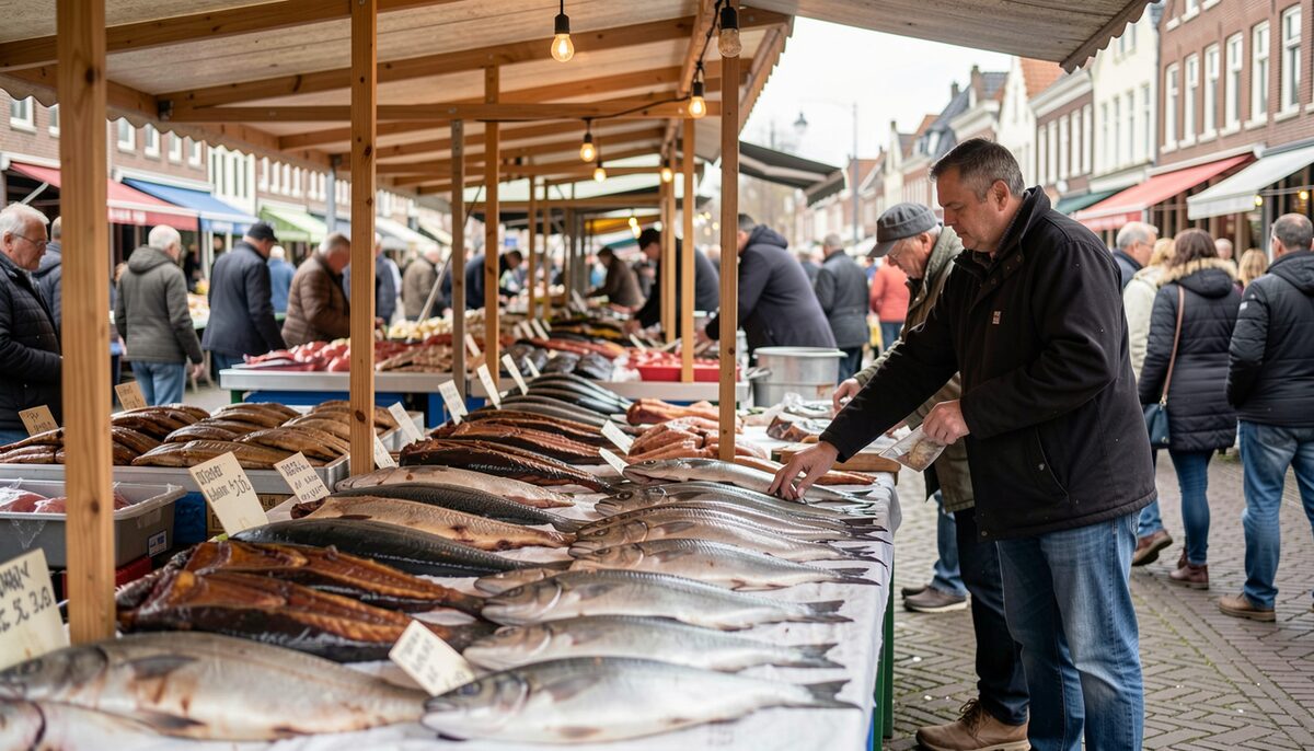 Documentary photo of a bustling Flemish outdoor market stall with smoked fish on display, vendor in background, no text.