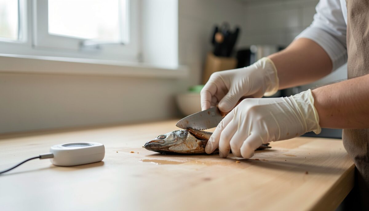 Documentary photo of a clean home kitchen counter with a thermometer, gloved hands handling smoked fish, no text.