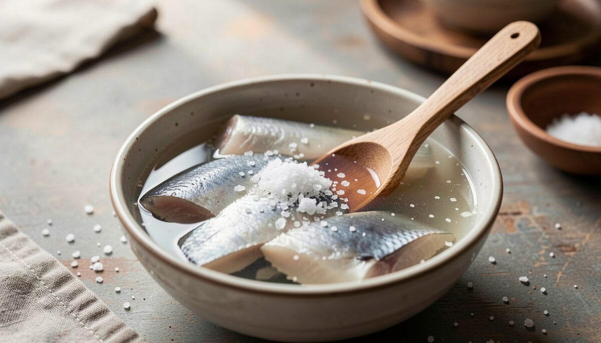 Documentary photo of a bowl of brine with fish fillets and coarse salt, wooden spoon, no text.